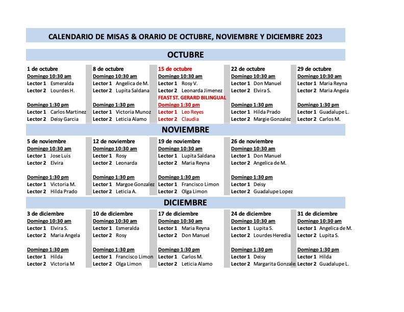 Schedules / Horarios St. Gerard Majella Catholic Church Los Angeles, CA